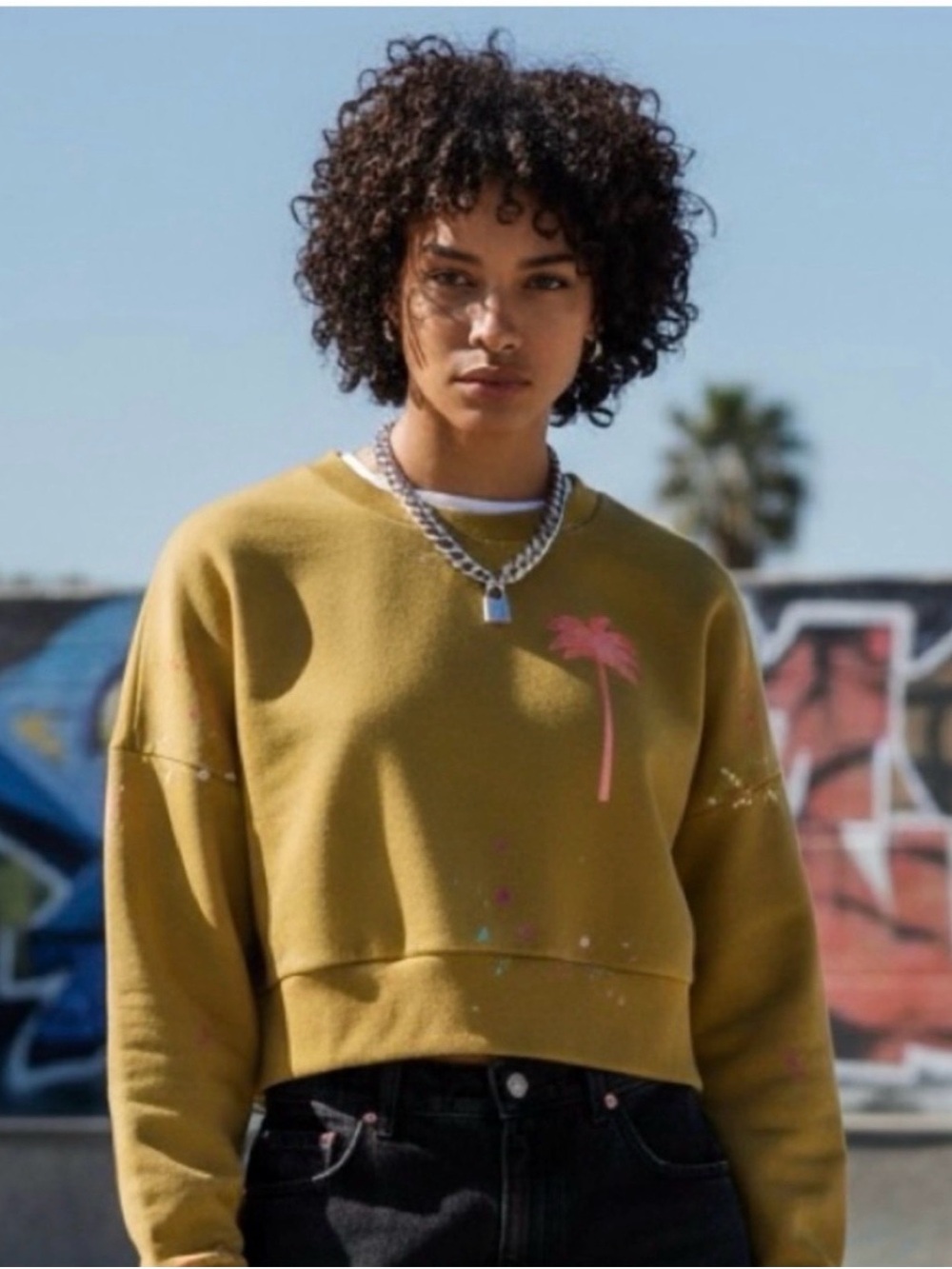 Palm Angels Painted Olive Green Mustard Cropped Sweatshirt Neon Palm Graphic XS
